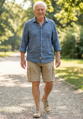 Elderly man walking confidently on a park path wearing Grounded Footwear barefoot shoes