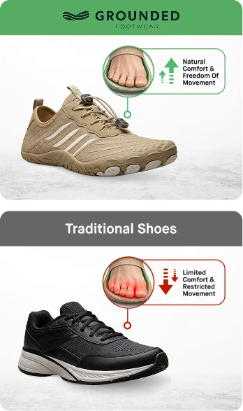 Side-by-side comparison of Grounded Footwear with natural wide toe box versus a traditional restrictive shoe